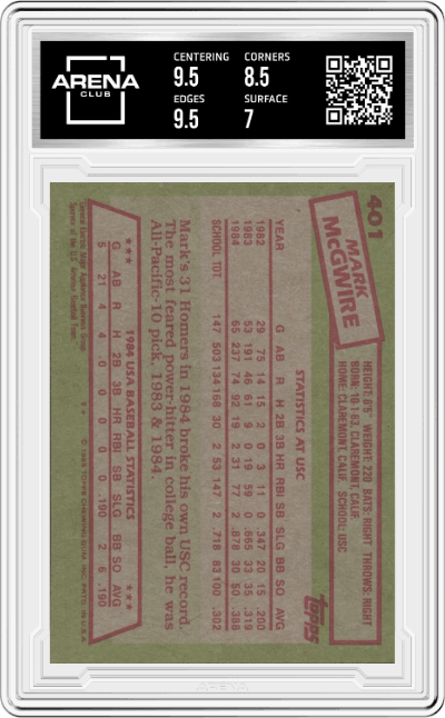 Mark McGwire from the 1985 Topps set graded by Arena Club and given an overall grade of 7.5.