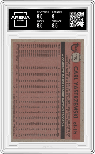 Carl Yastrzemski from the 1981 Topps set graded by Arena Club and given an overall grade of 9.