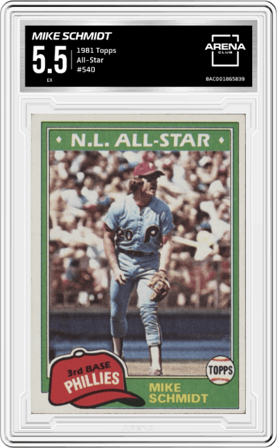 Mike Schmidt from the 1981 Topps set graded by Arena Club and given an overall grade of 5.5.