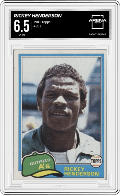 Rickey Henderson from the 1981 Topps set graded by Arena Club and given an overall grade of 6.5.