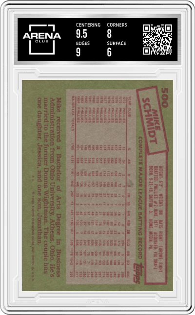 Mike Schmidt from the 1985 Topps set graded by Arena Club and given an overall grade of 6.5.