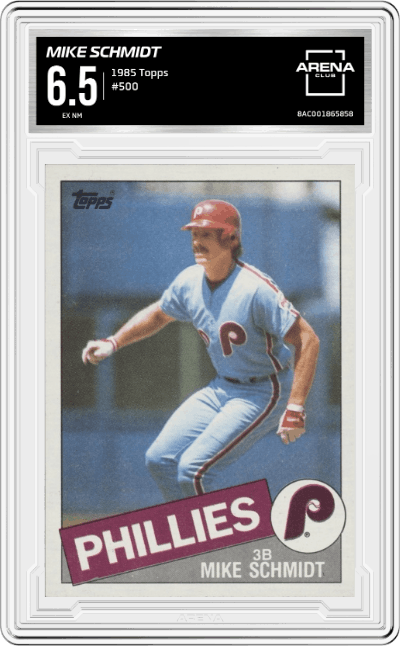 Mike Schmidt from the 1985 Topps set graded by Arena Club and given an overall grade of 6.5.