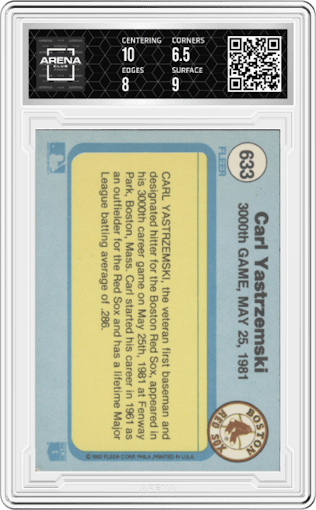 Carl Yastrzemski from the 1982 Fleer set graded by Arena Club and given an overall grade of 7.