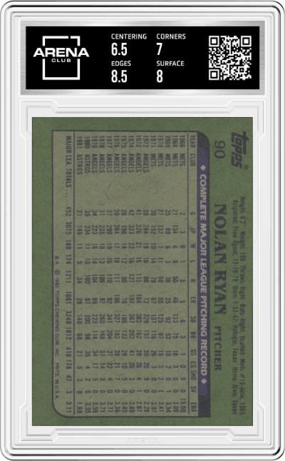 Nolan Ryan from the 1982 Topps set graded by Arena Club and given an overall grade of 7.
