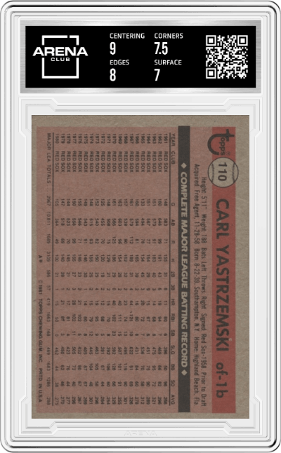 Carl Yastrzemski from the 1981 Topps set graded by Arena Club and given an overall grade of 7.5.