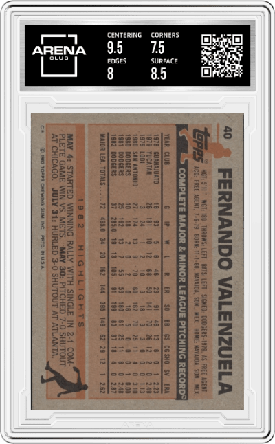 Fernando Valenzuela from the 1983 Topps set graded by Arena Club and given an overall grade of 8.