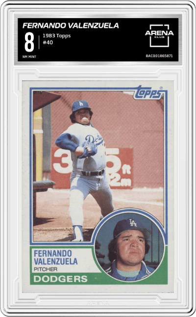 Fernando Valenzuela from the 1983 Topps set graded by Arena Club and given an overall grade of 8.