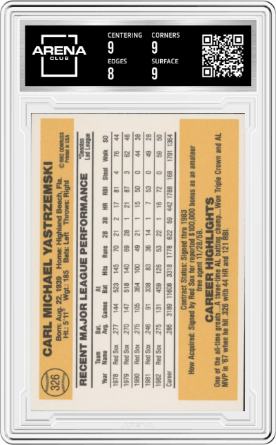 Carl Yastrzemski from the 1983 Donruss set graded by Arena Club and given an overall grade of 8.5.