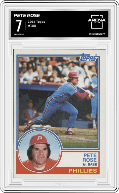 Pete Rose from the 1983 Topps set graded by Arena Club and given an overall grade of 7.