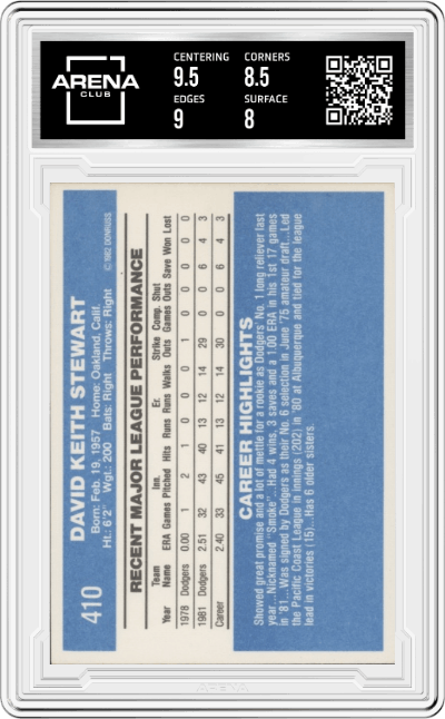 Dave Stewart from the 1982 Donruss set graded by Arena Club and given an overall grade of 8.5.