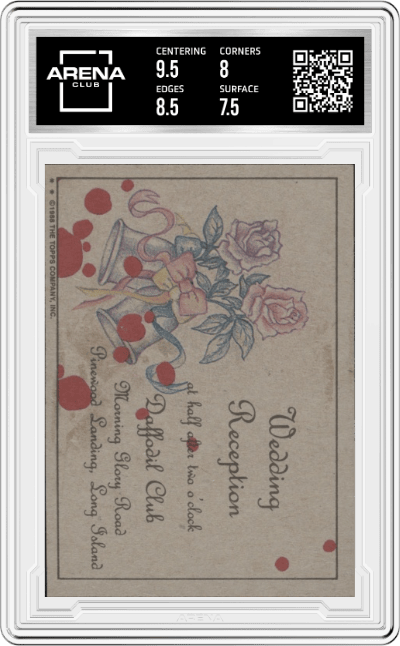 Nuptial Nightmare from the 1988 Topps Dinosaurs Attack! set graded by Arena Club and given an overall grade of 8.