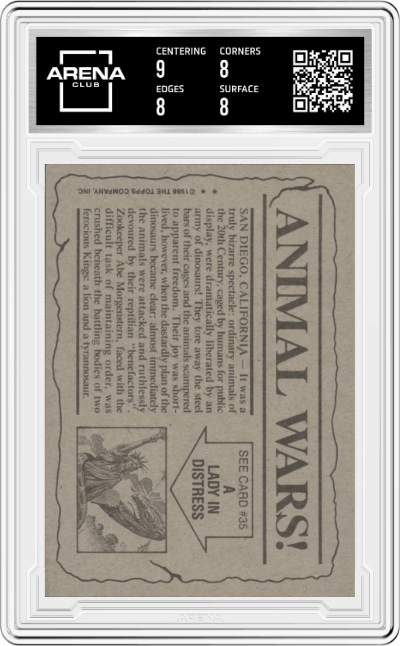 Animal Wars from the 1988 Topps Dinosaurs Attack! set graded by Arena Club and given an overall grade of 8.5.
