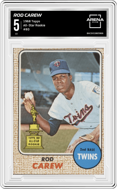 Rod Carew from the 1968 Topps set graded by Arena Club and given an overall grade of 5.