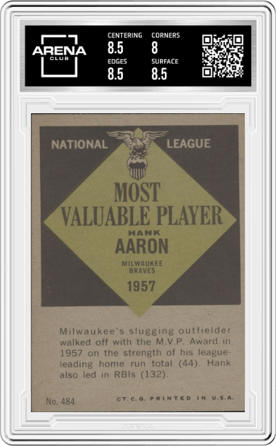 Hank Aaron from the 1961 Topps set graded by Arena Club and given an overall grade of 8.5.