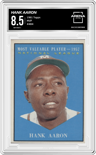 Hank Aaron from the 1961 Topps set graded by Arena Club and given an overall grade of 8.5.