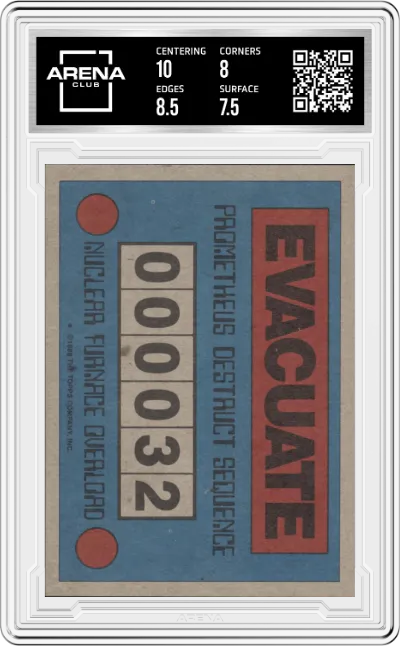 Prometheus Explodes! from the 1988 Topps Dinosaurs Attack! set graded by Arena Club and given an overall grade of 8.