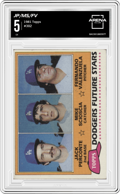 Jack Perconte/ Mike Scioscia/ Fernando Valenzuela from the 1981 Topps set graded by Arena Club and given an overall grade of 5.