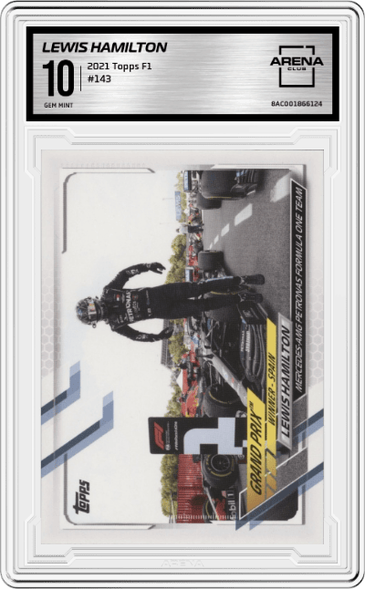 Lewis Hamilton from the 2021 Topps F1 set graded by Arena Club and given an overall grade of 10.