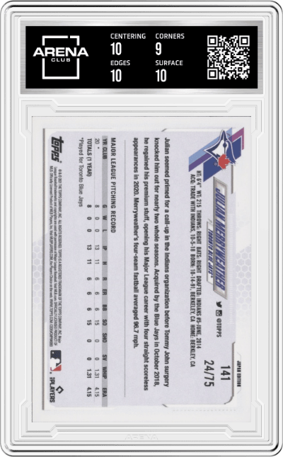 Julian Merryweather from the 2021 Topps Japan set featuring a Jade Green parallel graded by Arena Club and given an overall grade of 9.5.