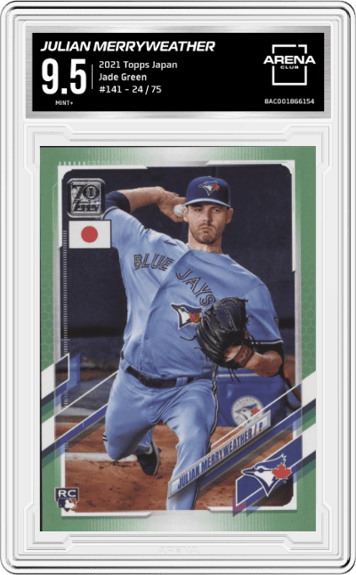 Julian Merryweather from the 2021 Topps Japan set featuring a Jade Green parallel graded by Arena Club and given an overall grade of 9.5.