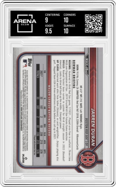 Jarren Duran from the 2022 Topps NSCC Bowman Chrome set graded by Arena Club and given an overall grade of 9.5.