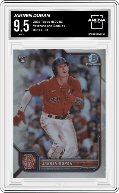 Jarren Duran from the 2022 Topps NSCC Bowman Chrome set graded by Arena Club and given an overall grade of 9.5.