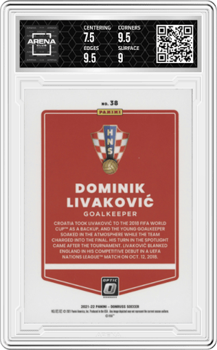 Dominik Livakovic from the 2021-22 Panini Donruss Road to Qatar set graded by Arena Club and given an overall grade of 8.