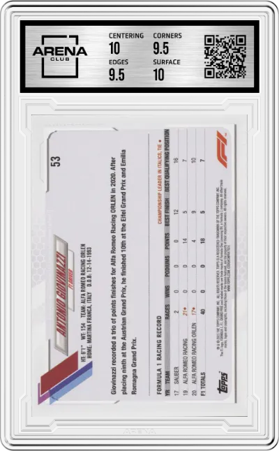 Antonio Giovinazzi from the 2021 Topps F1 set graded by Arena Club and given an overall grade of 10.