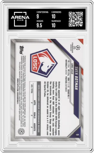 Sven Botman from the 2021-22 Topps Chrome S/E UEFA CL set graded by Arena Club and given an overall grade of 9.5.