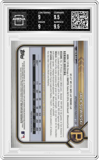Jack Suwinski from the 2022 Bowman set graded by Arena Club and given an overall grade of 9.5.