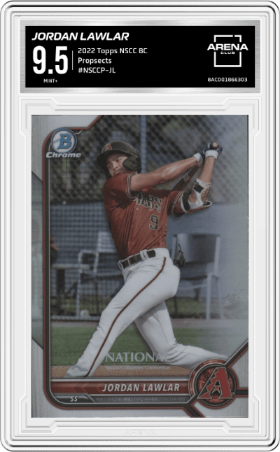Jordan Lawlar from the 2022 Topps NSCC Bowman Chrome set graded by Arena Club and given an overall grade of 9.5.