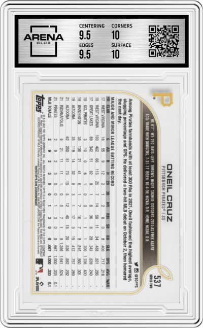 Oneil Cruz from the 2022 Topps set graded by Arena Club and given an overall grade of 10.