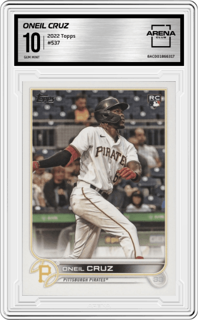 Oneil Cruz from the 2022 Topps set graded by Arena Club and given an overall grade of 10.