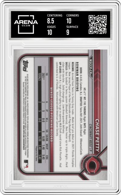 Chase Petty from the 2022 Topps NSCC Bowman Chrome set graded by Arena Club and given an overall grade of 9.