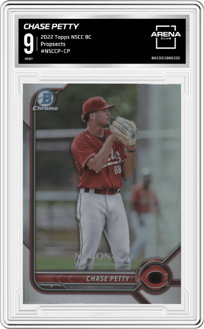 Chase Petty from the 2022 Topps NSCC Bowman Chrome set graded by Arena Club and given an overall grade of 9.