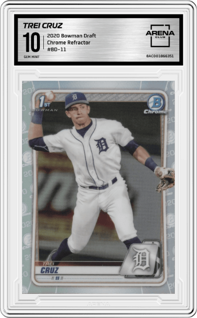 Trei Cruz from the 2020 Bowman Draft set featuring a Refractor parallel graded by Arena Club and given an overall grade of 10.