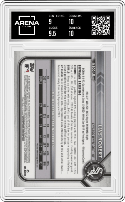 Luis Robert from the 2022 Topps NSCC Bowman Chrome set graded by Arena Club and given an overall grade of 9.5.