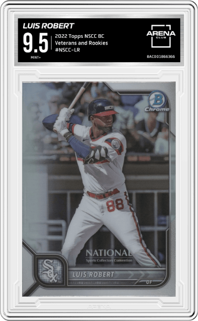 Luis Robert from the 2022 Topps NSCC Bowman Chrome set graded by Arena Club and given an overall grade of 9.5.