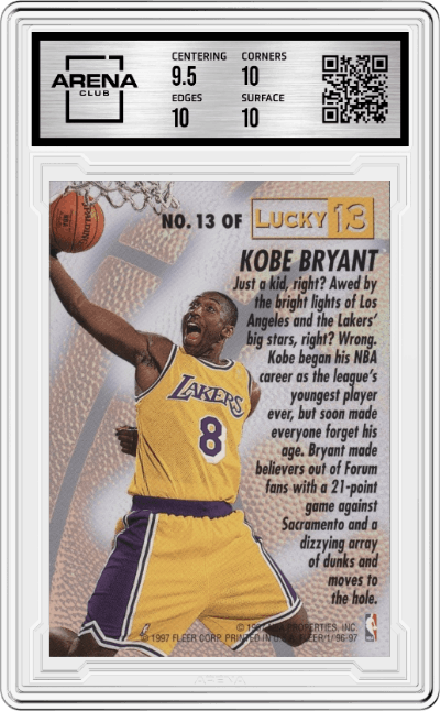 Kobe Bryant from the 1996-97 Fleer set graded by Arena Club and given an overall grade of 10.