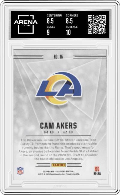 Cam Akers from the 2020 Panini Illusions set graded by Arena Club and given an overall grade of 9.