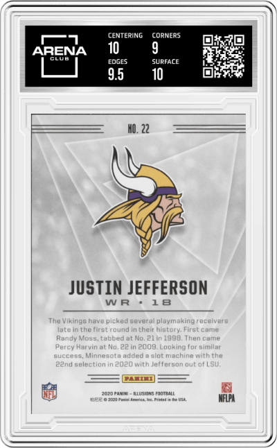 Justin Jefferson from the 2020 Panini Illusions set featuring a Retail parallel graded by Arena Club and given an overall grade of 9.5.