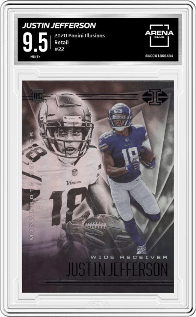 Justin Jefferson from the 2020 Panini Illusions set featuring a Retail parallel graded by Arena Club and given an overall grade of 9.5.