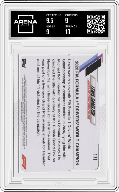 Lewis Hamilton from the 2021 Topps F1 set graded by Arena Club and given an overall grade of 9.5.