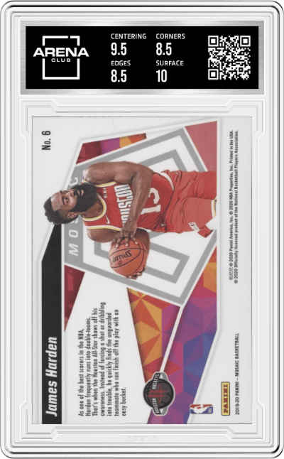 James Harden from the 2019-20 Panini Mosaic  set graded by Arena Club and given an overall grade of 9.