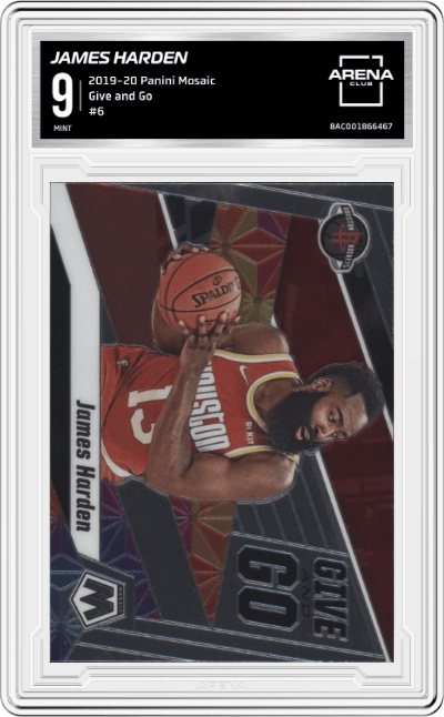 James Harden from the 2019-20 Panini Mosaic  set graded by Arena Club and given an overall grade of 9.