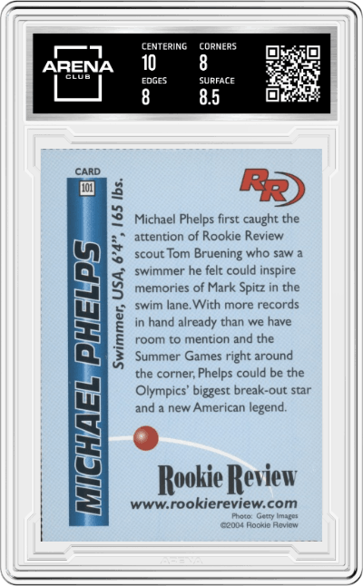 Michael Phelps from the 2004 Rookie Review set graded by Arena Club and given an overall grade of 8.5.