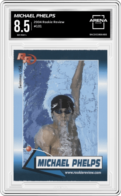 Michael Phelps from the 2004 Rookie Review set graded by Arena Club and given an overall grade of 8.5.
