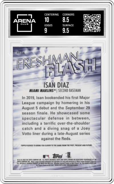Isan Diaz from the 2020 Topps Chrome set graded by Arena Club and given an overall grade of 9.