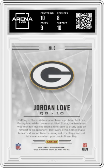 Jordan Love from the 2020 Panini Illusions set featuring a Retail parallel graded by Arena Club and given an overall grade of 8.5.