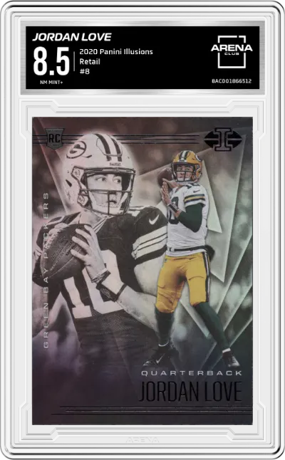 Jordan Love from the 2020 Panini Illusions set featuring a Retail parallel graded by Arena Club and given an overall grade of 8.5.
